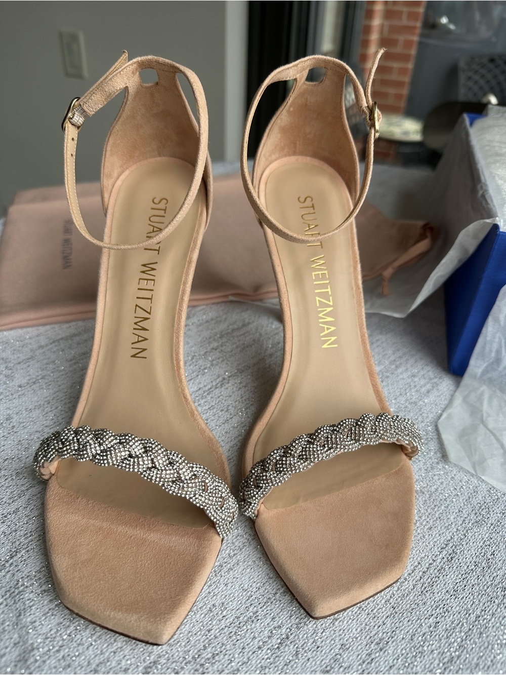 Stuart Weitzman Nude Beaded Ankle-Strap Heels - Picture 4 of 14